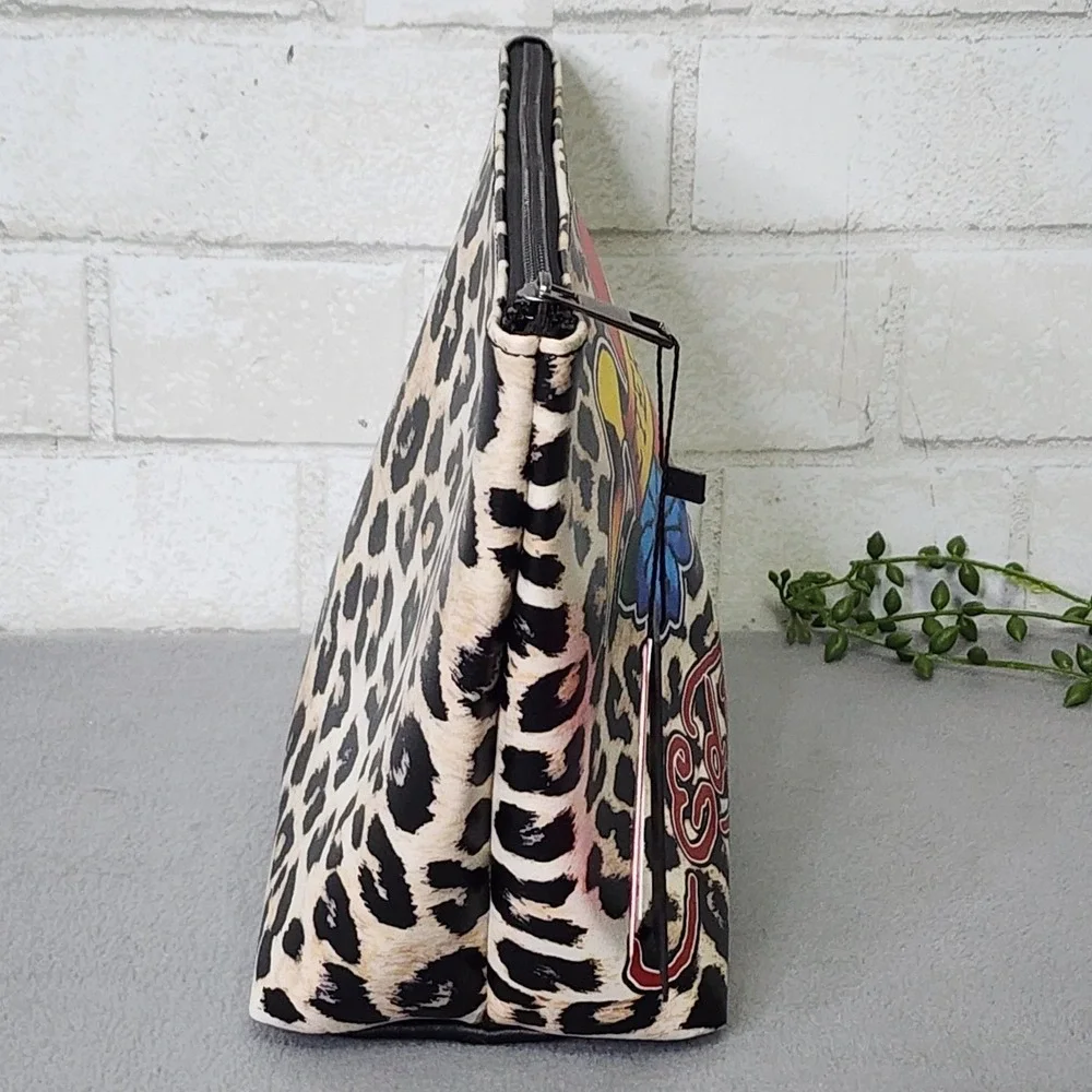 Ed Hardy Cosmetic‎ Case Women Tan Leopard Eternal Love Tattoo Graphic Bag NEW